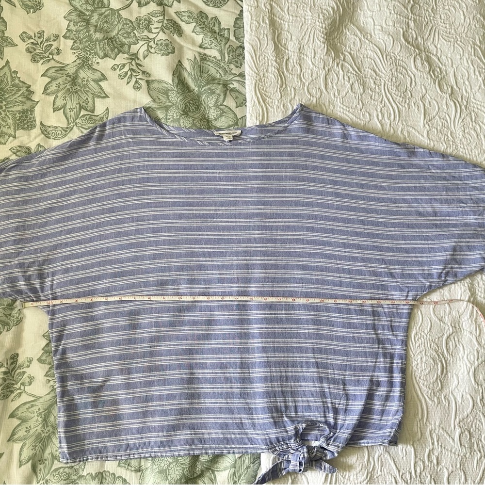 Beachlunch Lounge Blue & White Striped Linen Blend Wide Sleeve Side Tie Blouse - Picture 7 of 11